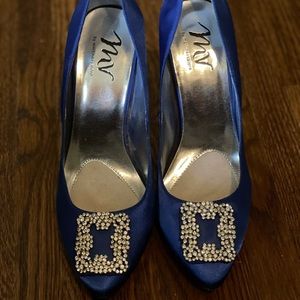 Martinez Valero Blue Satin Pumps with Jeweled Buckle